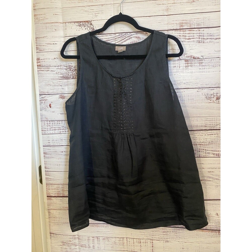 J.Jill Linen Tank Top Womens XL Black Embroidered Split Neck Relaxed Pullover